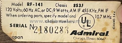 Solid State AM/FM RF-141 'Waldorf' Ch= 8S3J; Admiral brand (ID = 2780212) Radio