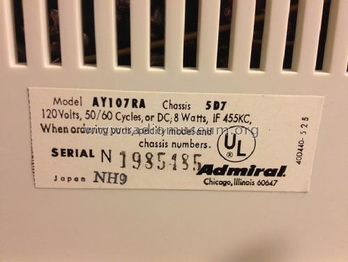 Solid State AY107RA Ch= 5D7; Admiral brand (ID = 1518870) Radio
