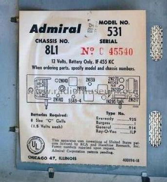 Transistor 8 Dual Speakers Sound All Around 531 ; Admiral brand (ID = 2860083) Radio