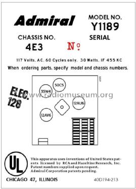 Y1189 Ch= 4E3; Admiral brand (ID = 2928004) Radio