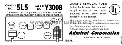 Y3008 Ch= 5L5; Admiral brand (ID = 2788932) Radio