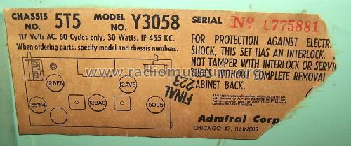 Y3058 'Duncan' Ch= 5T5; Admiral brand (ID = 1523268) Radio