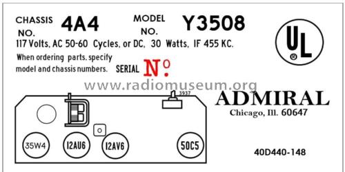 Y3508 Ch= 4A4; Admiral brand (ID = 2844609) Radio