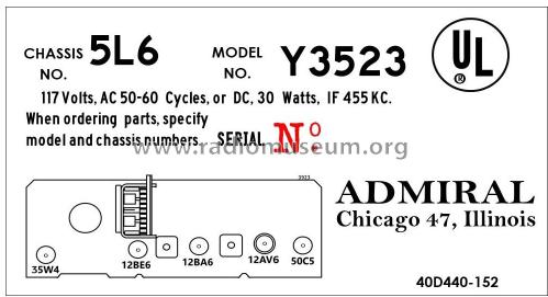 Y3523 Ch= 5L6; Admiral brand (ID = 2793380) Radio