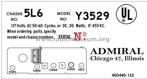Y3529 Ch= 5L6; Admiral brand (ID = 2793382) Radio