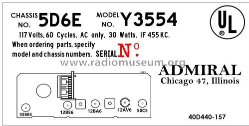 Y3554 Clock Radio Ch= 5D6E; Admiral brand (ID = 2793408) Radio