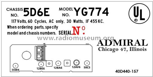 YG774 Ch= 5D6E; Admiral brand (ID = 2793396) Radio