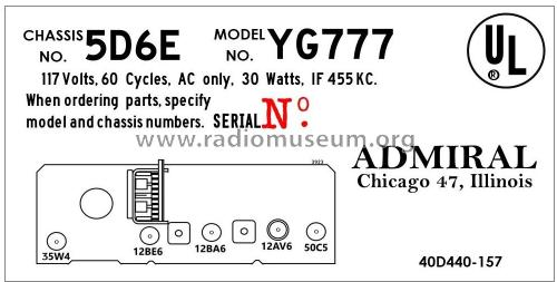 YG777 Ch= 5D6E; Admiral brand (ID = 2793392) Radio