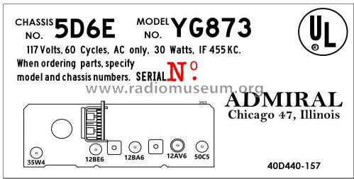 YG873 Ch= 5D6E; Admiral brand (ID = 2793397) Radio