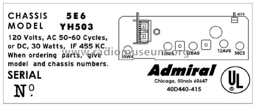 YH503 Ch= 5E6; Admiral brand (ID = 2793686) Radio