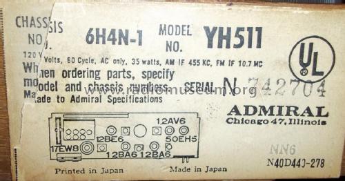 YH511 Ch= 6H4N-1; Admiral brand (ID = 2666273) Radio