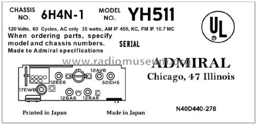 YH511 Ch= 6H4N-1; Admiral brand (ID = 2878410) Radio