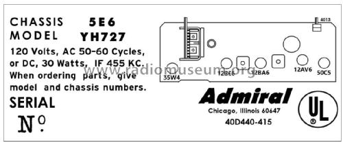 YH727 Ch= 5E6; Admiral brand (ID = 2793691) Radio