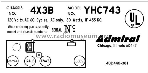 YHC743 Clock Radio Ch= 4X3B; Admiral brand (ID = 2851763) Radio