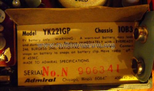 YK-221GP Ch= 10B3; Admiral brand (ID = 723862) Radio