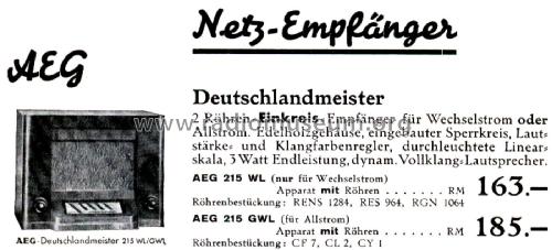 Deutschlandmeister 215WL; AEG Radios Allg. (ID = 2655544) Radio