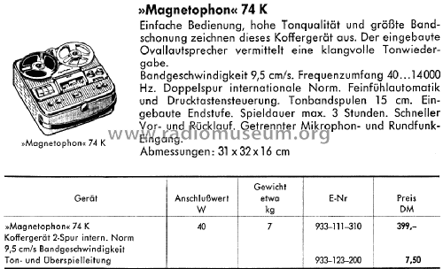 Magnetophon 74K; AEG Radios Allg. (ID = 1425940) R-Player