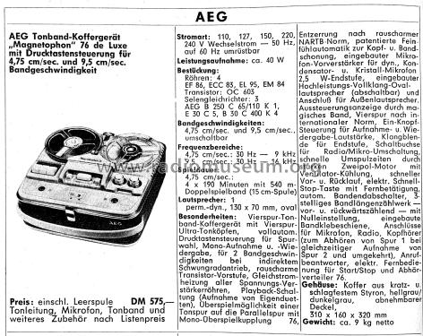 Magnetophon 76 de Luxe; AEG Radios Allg. (ID = 2318636) R-Player