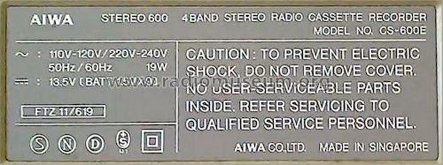 Stereo 600 4 Band Stereo Radio Cassette Recorder CS-600E; Aiwa Co. Ltd.; Tokyo (ID = 985866) Radio