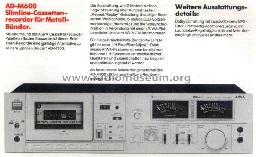 Stereo Cassette Deck AD-M 600; Aiwa Co. Ltd.; Tokyo (ID = 1652459) Ton-Bild