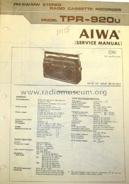 Stereo Radio Cassette Recorder TPR-920U; Aiwa Co. Ltd.; Tokyo (ID = 1480964) Radio