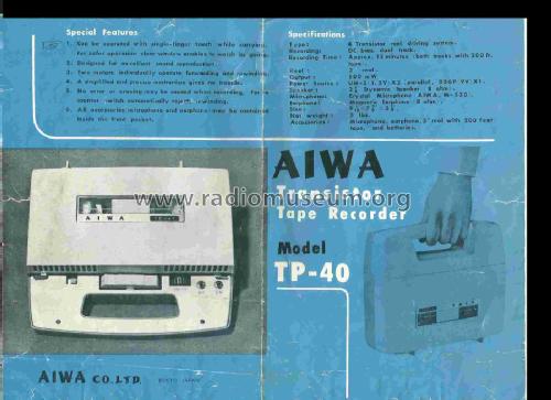 Transistor Tape Recorder TP-40; Aiwa Co. Ltd.; Tokyo (ID = 2389264) R-Player