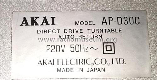 Direct Drive Turntable AP-D30C; Akai Electric Co., (ID = 2351313) Enrég.-R