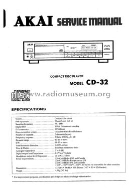 Compact Disc Player CD-32; Akai Electric Co., (ID = 1859498) Reg-Riprod