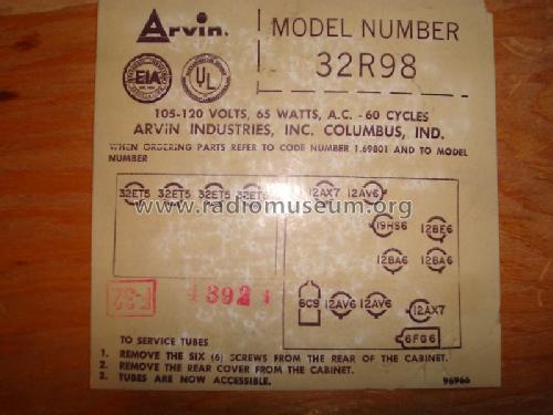 32R98 Ch= 1.69801 and 1.69802; Arvin, brand of (ID = 1359886) Radio