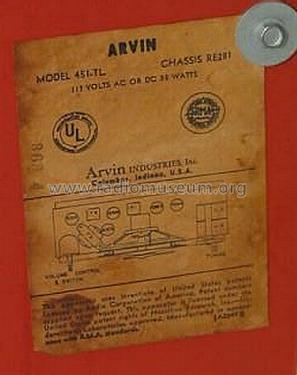451-TL Ch= RE281; Arvin, brand of (ID = 1241666) Radio
