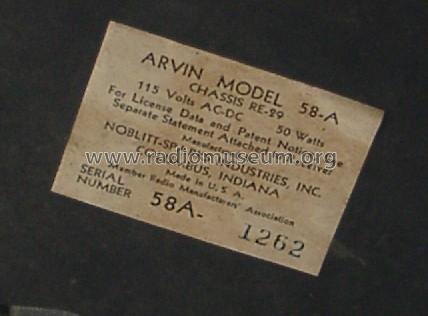 Arvin 58A Ch= RE-29; Arvin, brand of (ID = 93877) Radio