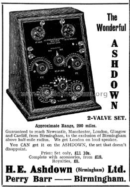 2-Valve Broadcast Receiving Set ; Ashdown, H.E. LTD.; (ID = 1073192) Radio