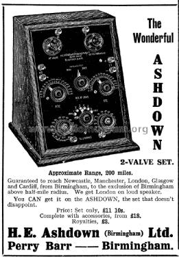 2-Valve Broadcast Receiving Set ; Ashdown, H.E. LTD.; (ID = 1073192) Radio