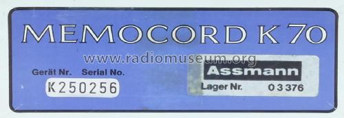 Memocord K70; Assmann, W., GmbH; (ID = 2128627) Reg-Riprod