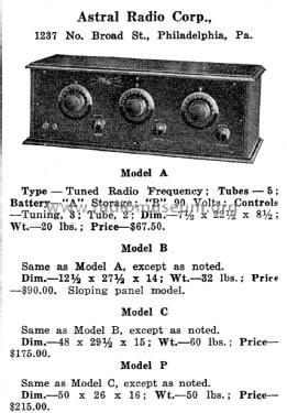 Model P; Astral Radio Corp.; (ID = 1953898) Radio