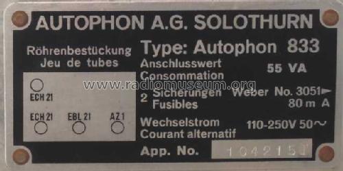 833T; Autophon AG inkl. (ID = 1160100) Radio