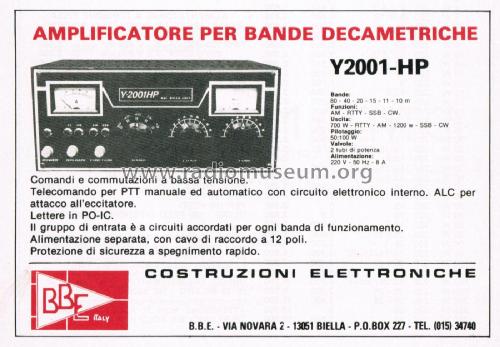 Amplificatore per Bande Decametriche - Linear Amplifier Y2001-HP; BBE Italy; Biella (ID = 2739225) HF-Verst.