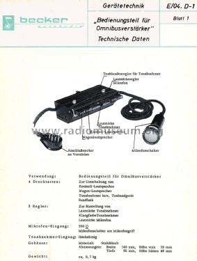 Bedienungsteil für Omnibusverstärker ; Becker, Max Egon, (ID = 2280535) Diverses