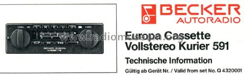 Europa Cassette Vollstereo Kurier 591; Becker, Max Egon, (ID = 1830617) Car Radio