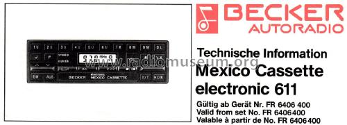 Mexico Cassette electronic 611 ab FR 6406 400 und ab HS 6407 737; Becker, Max Egon, (ID = 2272677) Car Radio