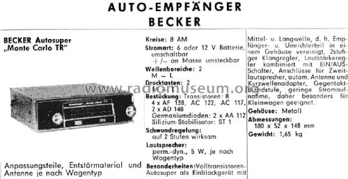 Monte Carlo TR/LM; Becker, Max Egon, (ID = 2393464) Car Radio