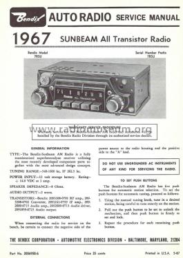 Sunbeam All Transistor 7BSU; Bendix Radio (ID = 2834072) Car Radio