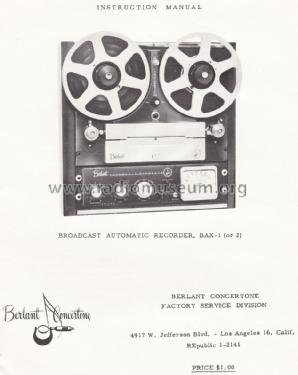 Concertone Broadcast Automatic Recorder BAX-1; Berlant Associates (ID = 1272701) Enrég.-R