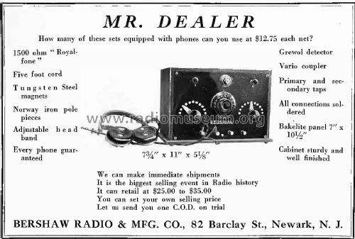 Bershaw Crystal Receiving Set ; Bershaw Radio & Mfg. (ID = 2335126) Crystal