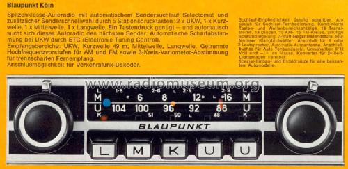 Köln 7.630.740 Serie B,C und E ab 3623501; Blaupunkt Ideal, (ID = 762360) Car Radio