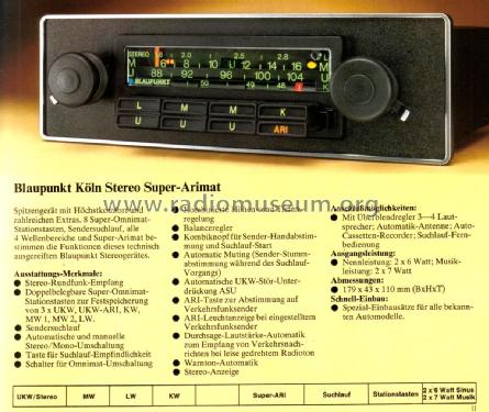 Köln Stereo-Super-Arimat 7.636.743.012 ab 1465001; Blaupunkt Ideal, (ID = 2390590) Car Radio