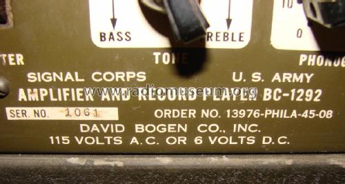 Amplifier and Record Player BC-1292; Bogen -Presto, David (ID = 2047229) Ampl/Mixer