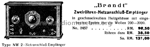Zweiröhren-Netzanschluss-Empfänger NW2; Brandt Roland Brandt (ID = 1887090) Radio