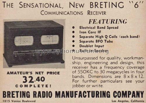 Communications Receiver 6; Breting Radio Mfg. (ID = 2065216) Amateur-R