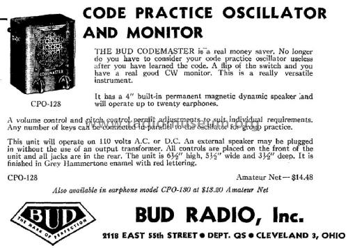 Code Practice Oscillator Codemaster CPO-128; Bud Radio Inc.; (ID = 2061590) Amateur-D